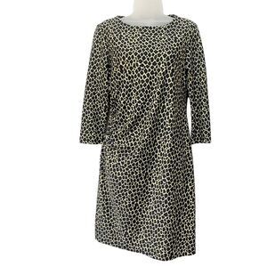 Jude Connally Dress Small Leopard Print Navy Tan Green Knit 3/4 Sleeve Work